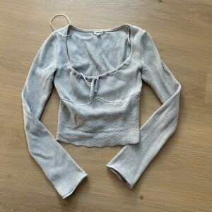 Garage Light Gray Ribbed Long Sleeve Tie-Front Top